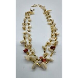 Two Strand Shell Beads Coral Accents Necklace Clasp Made in Japan